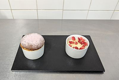 White Chocolate and Strawberry Souffle with Honey Crunch Ice Cream