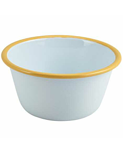 Enamel Round Deep Pie Dish White with Yellow Rim 12cm