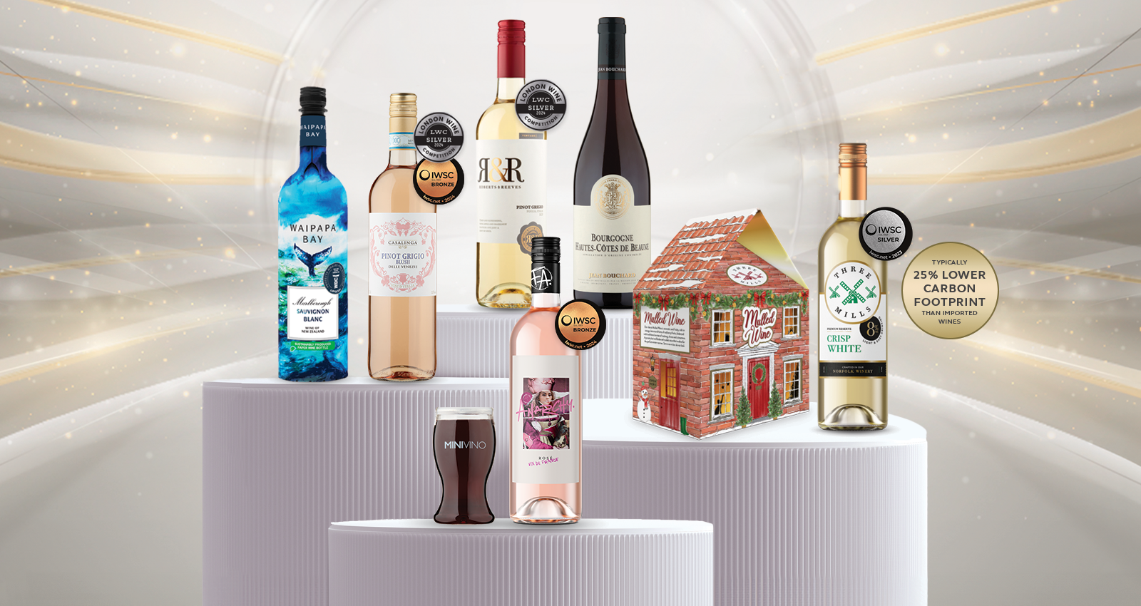 Broadlands Drink range on white pedastools with award winning badges