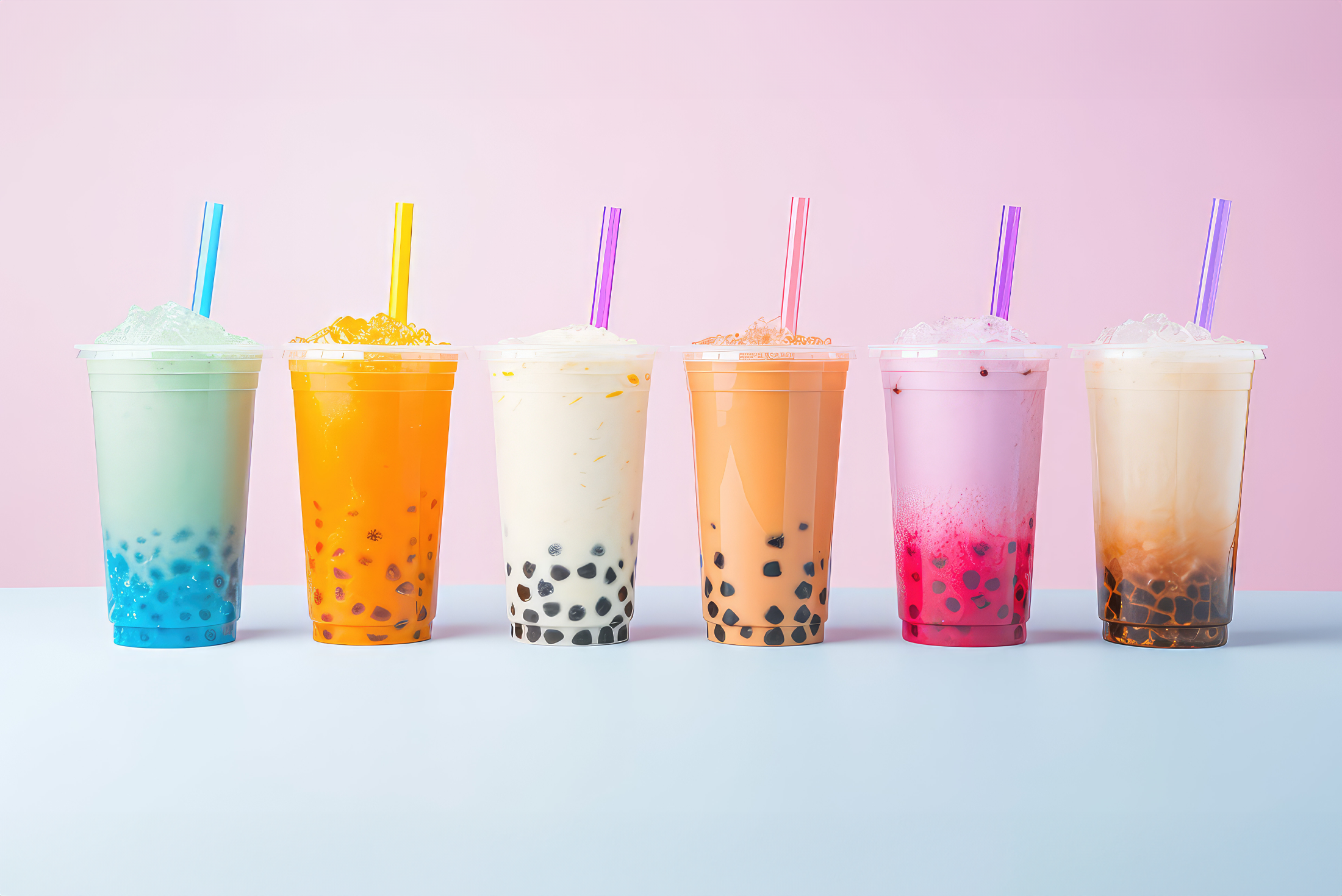 Range of Bubble Teas showing different flavours and colours