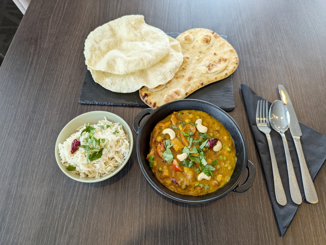 Thai Butternut Squash and Chickpea Curry with Naan Bread and poppadoms