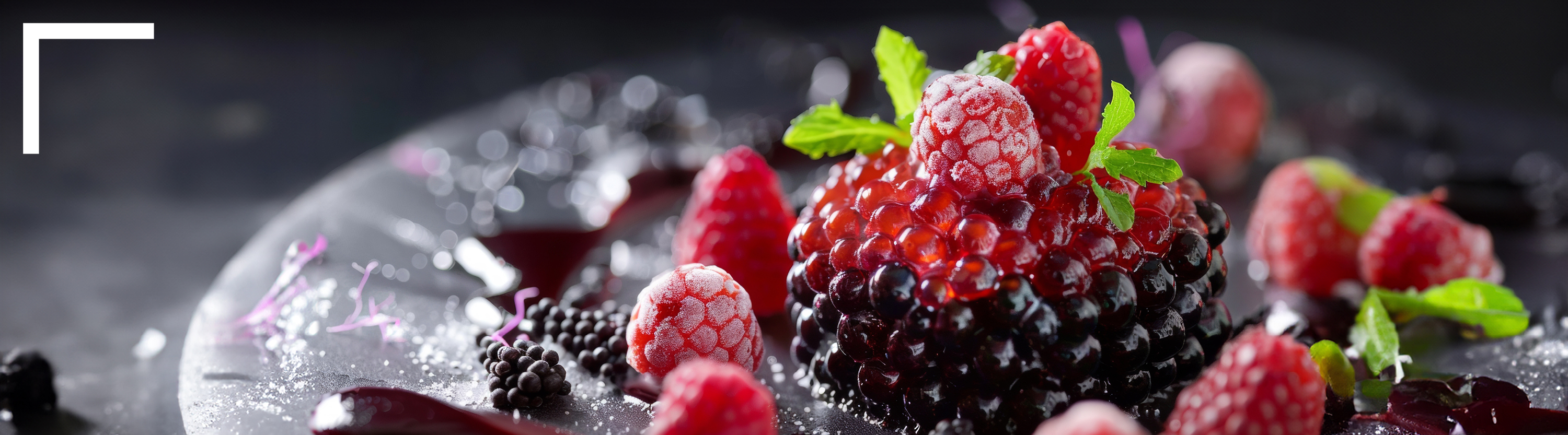 Spherification header showing little balls like raspberries and blackberries