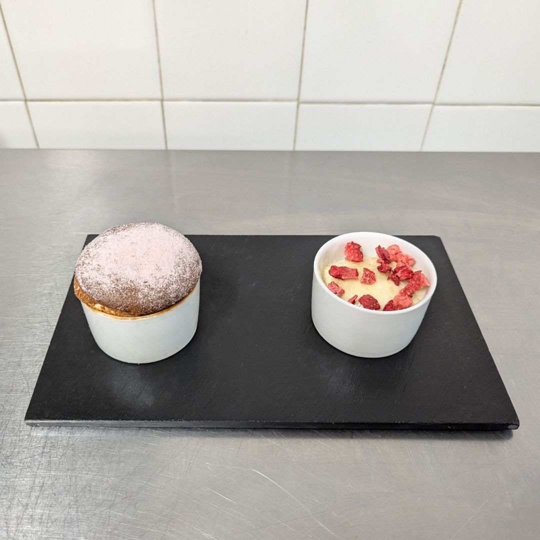 white chocolate and strawberry souffle with Honey Crunch ice Cream